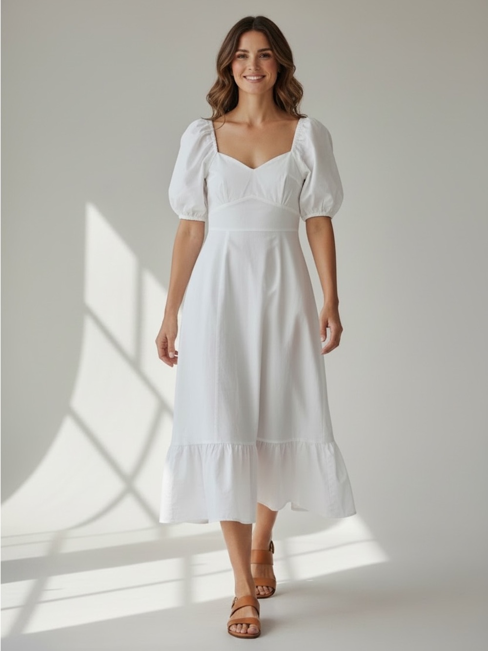 And Now This White Cotton Puff Sleeve Midi Dress Large